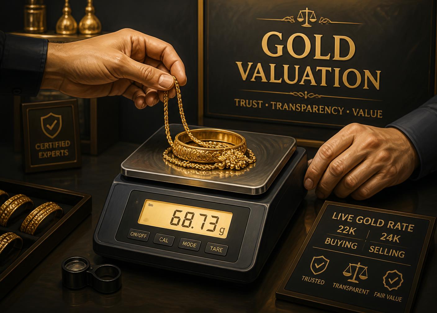 The Anjaneya Gold Point valuation counter with a digital scale and gold jewellery